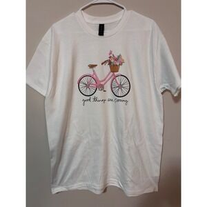 Handmade White Graphic T Shirt Bicycle Flowers Good‎ Things Coming Womens Large